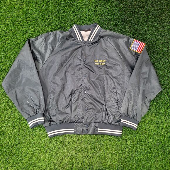 Vintage Y2K US-Navy Satin Bomber Jacket XL 26x27 Boxy NAVY Chief - Picture 1 of 16